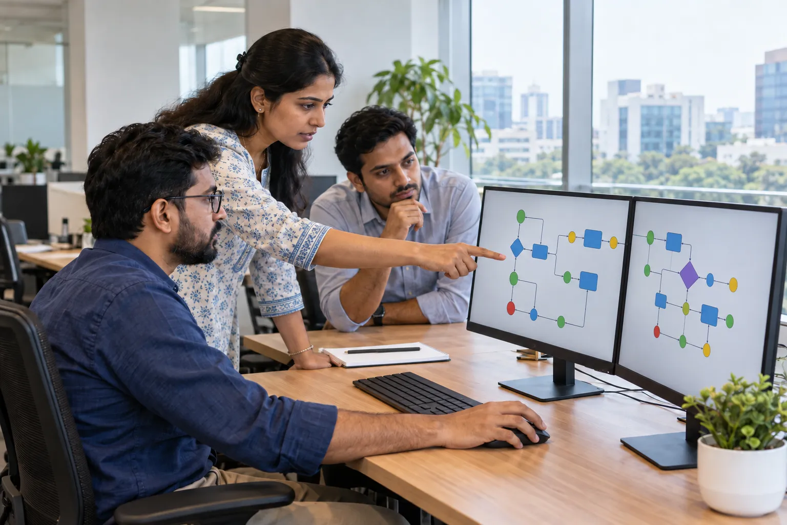 Three colleagues review colourful workflow diagrams on two monitors in a bright modern office, with one pointing at a screen and another using a mouse.