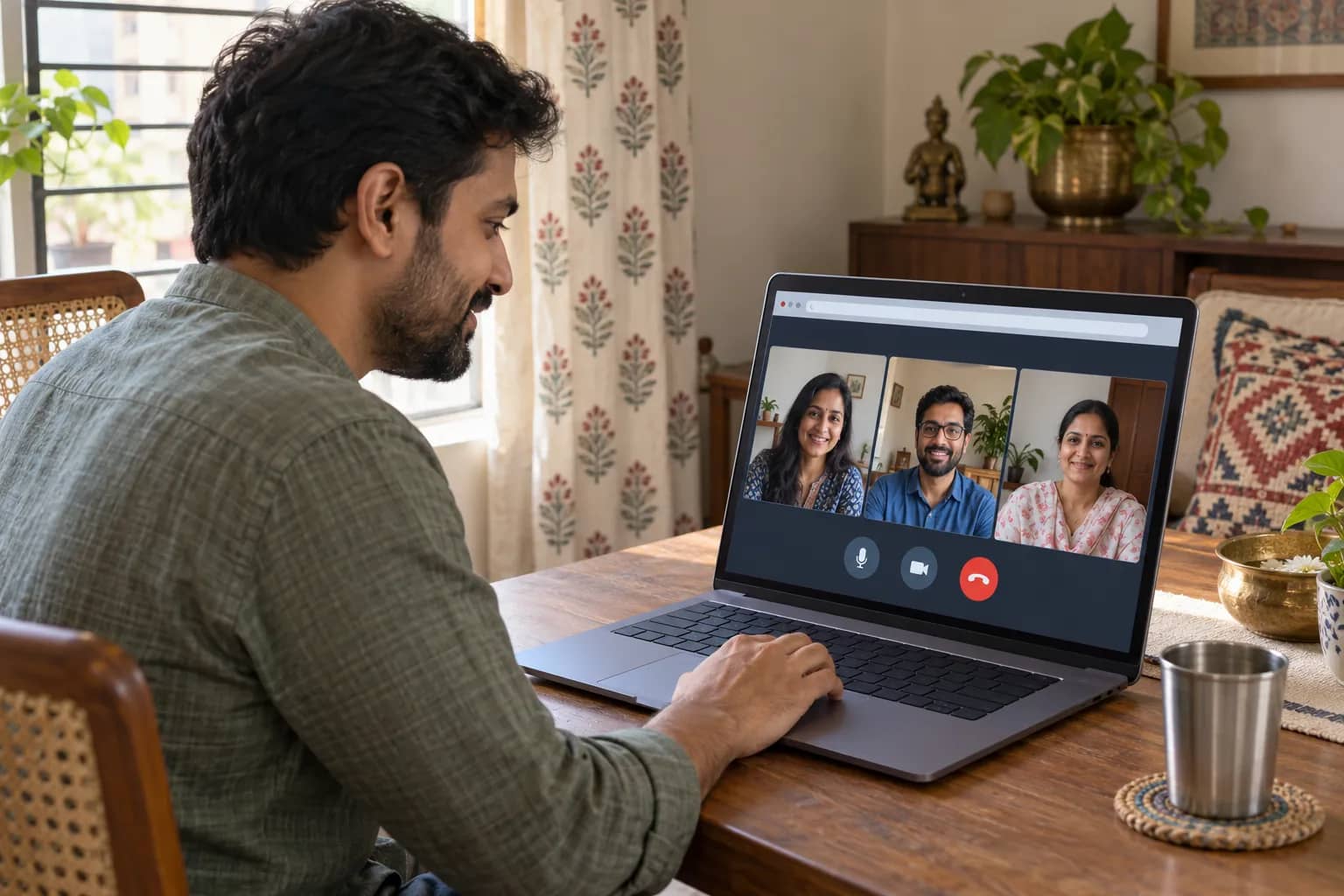 A man joins a laptop video call with three other adults from a sunlit Indian home.