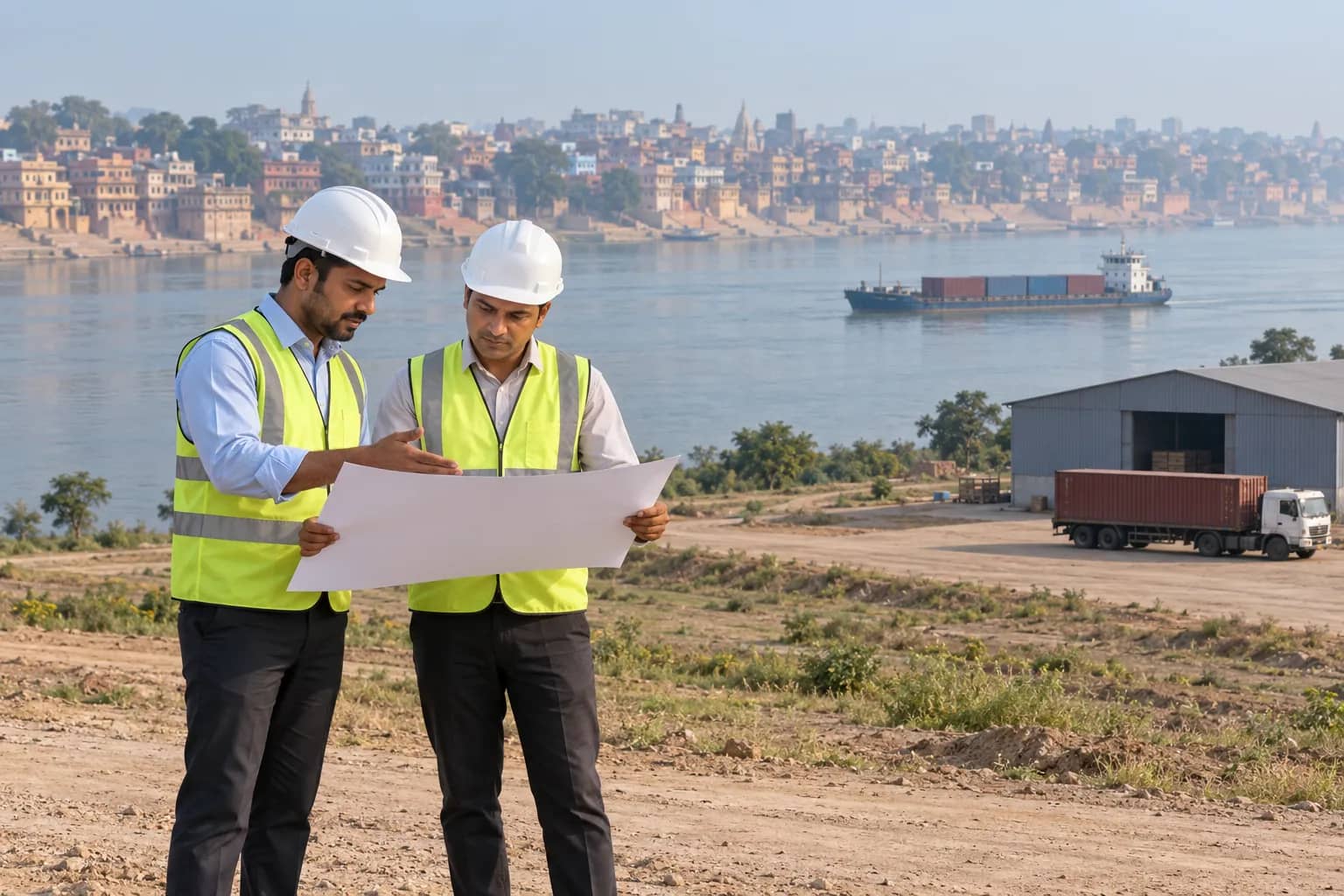 Two men in white hard hats and reflective vests examine a blank sheet beside a river, with a cargo vessel, a container lorry, a shed and riverside buildings in the background.