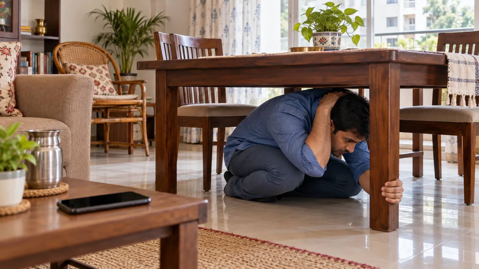 An adult man shelters beneath a wooden table while holding its leg, with a dark-screen phone on a nearby table.