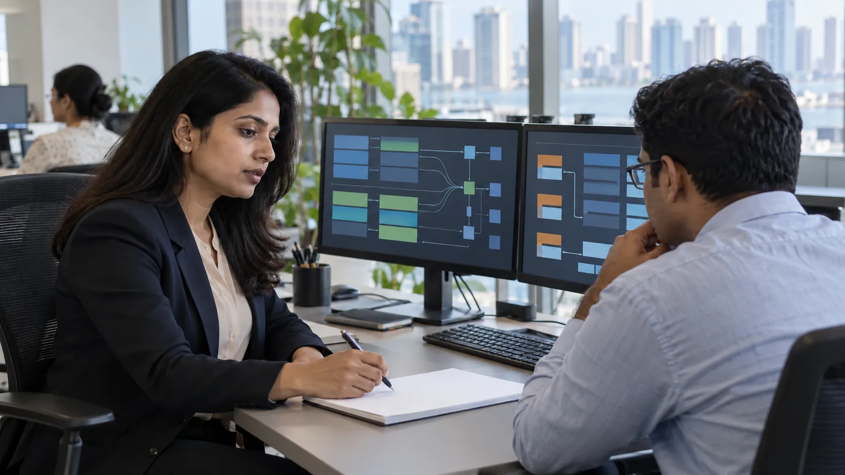 Two office colleagues review abstract transaction diagrams on computer monitors.