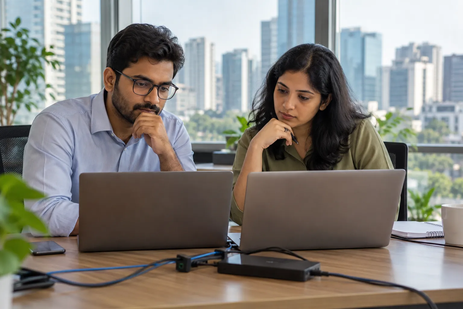 Two office workers use laptops at a desk with network cables in the foreground.