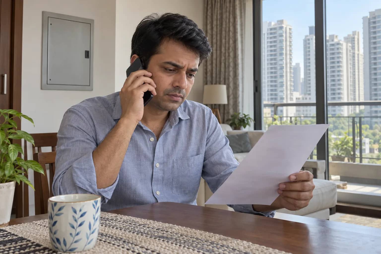 An Indian man speaks on a phone while holding a paper at a table, with apartment towers visible through the window.