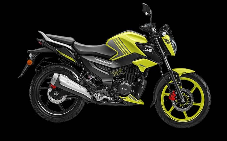 Lime-green and black TVS Raider motorcycle shown from the right side.