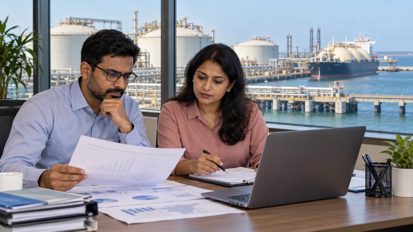 Two adults review documents beside a laptop, with gas storage tanks and a ship visible through the office window.