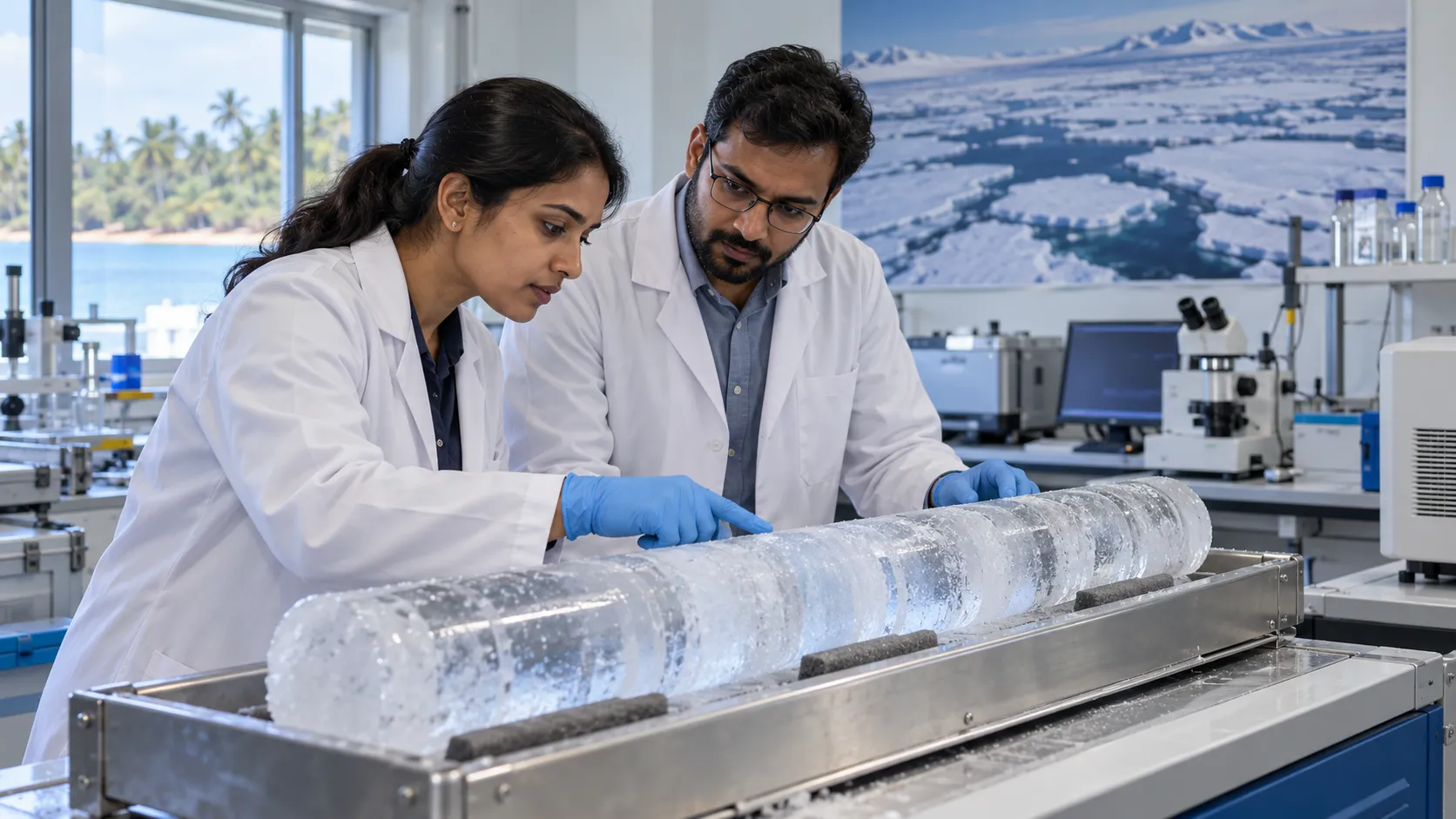Two researchers in lab coats and gloves examine an ice core in a tray in a laboratory.