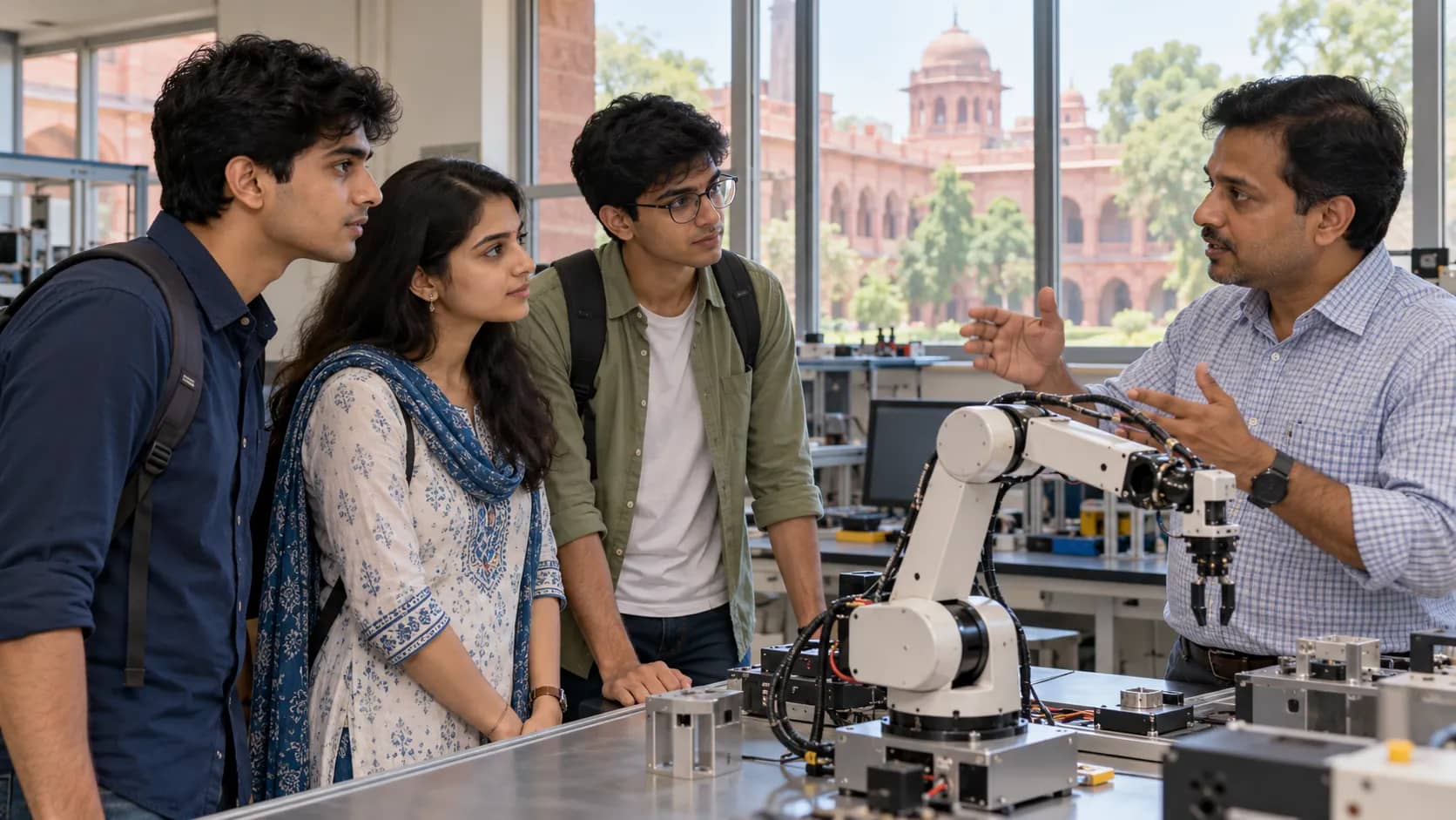 Three young adult visitors watch a robotics demonstration in an Indian university laboratory.