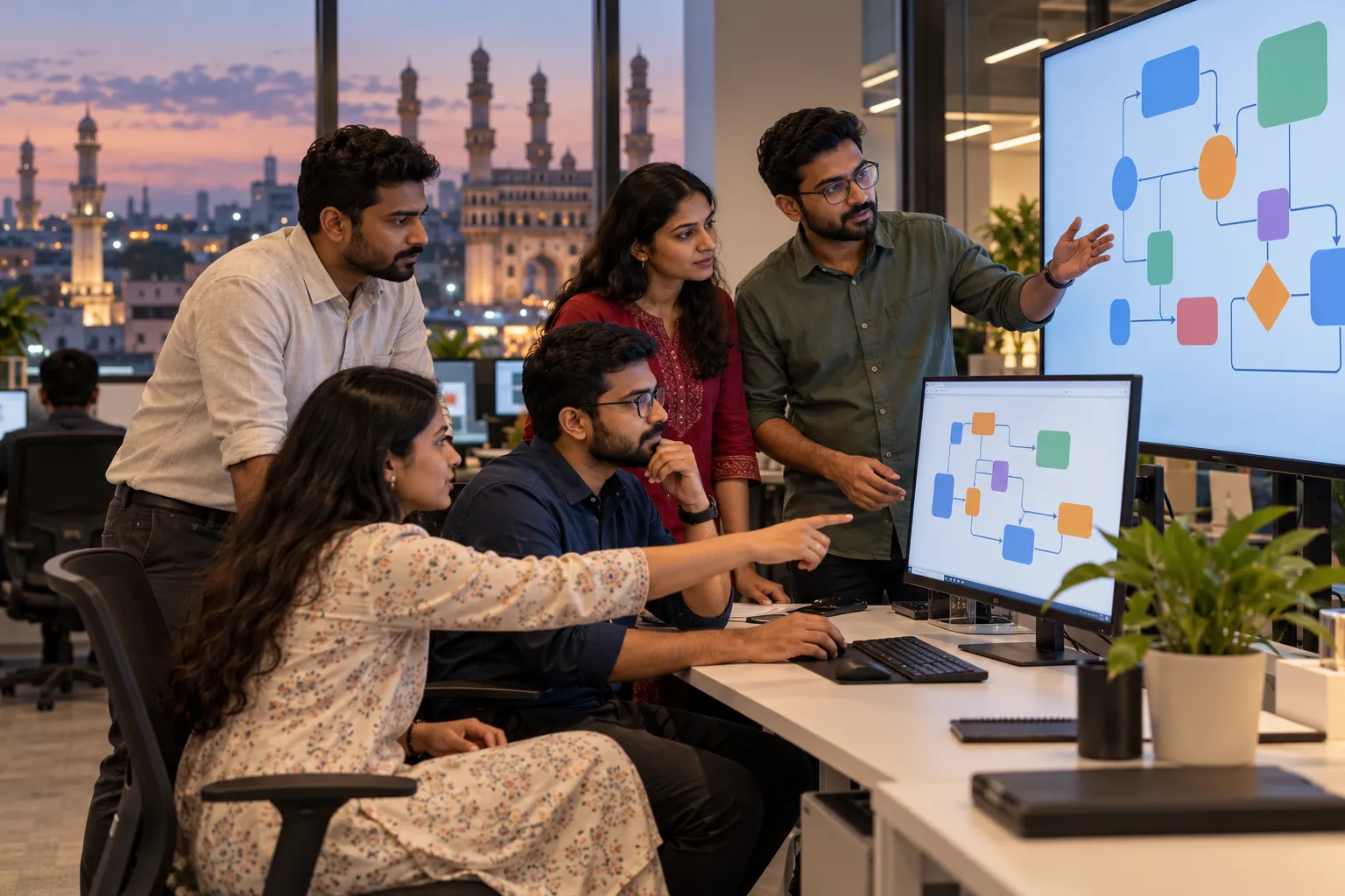 Five adults review connected coloured shapes on two screens in an office at dusk.