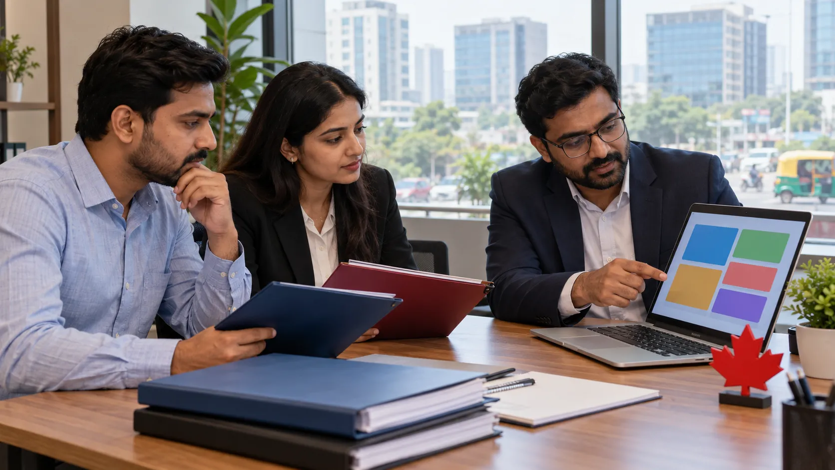 Three adults review folders and a laptop with coloured blocks in an office overlooking city buildings, with a red maple-leaf ornament on the desk.