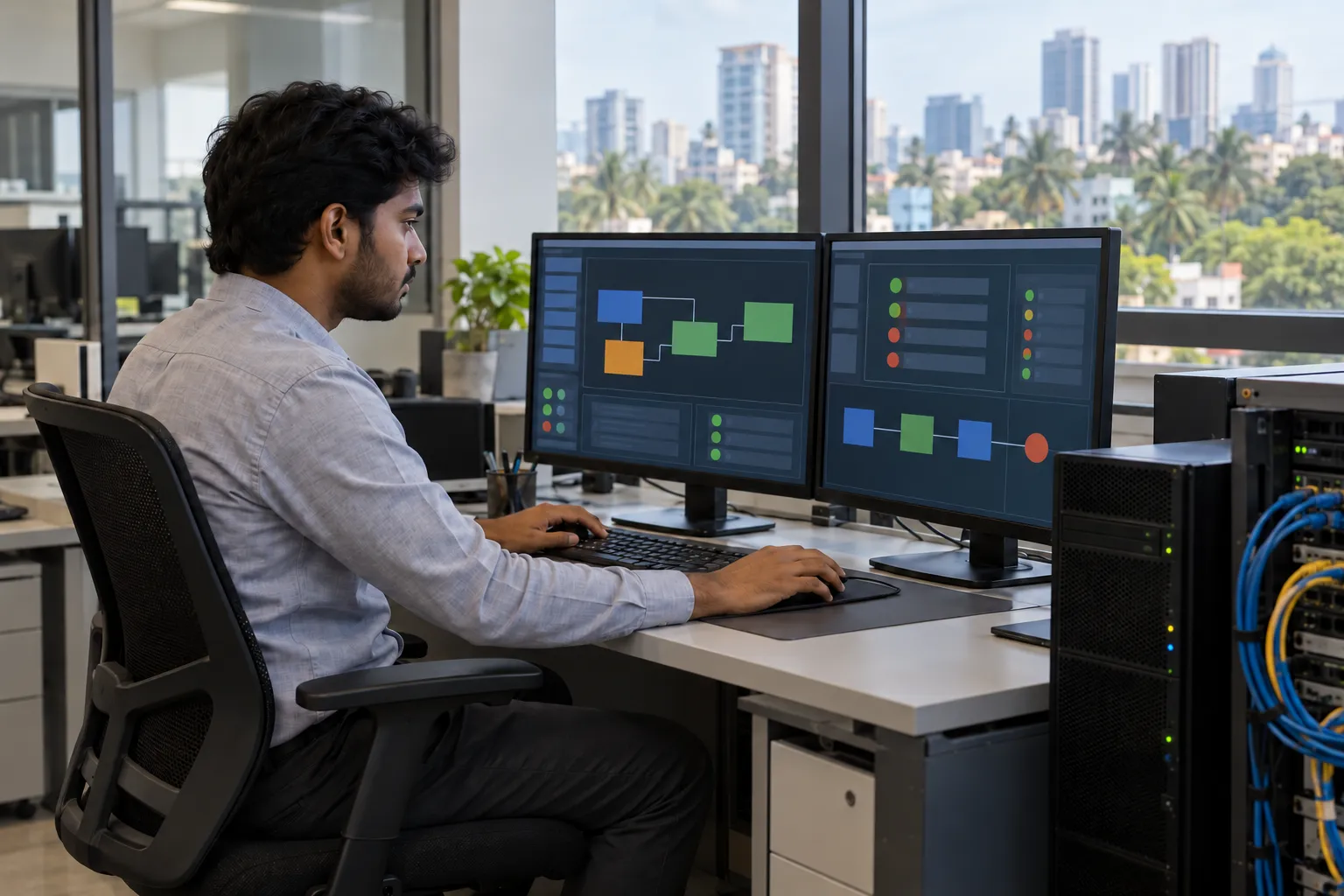 An adult engineer works at two monitors showing abstract workflow shapes beside server equipment in a city office.