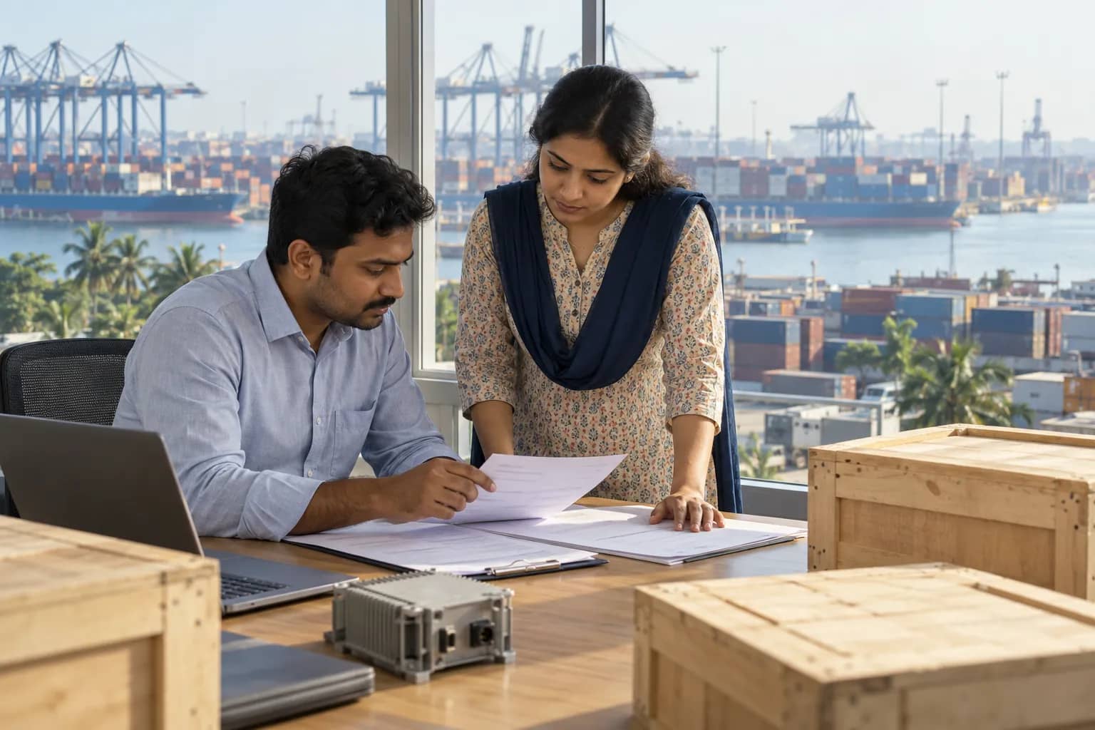 Two logistics staff review paperwork beside shipping crates and an electronic component, with a container port visible through the window.