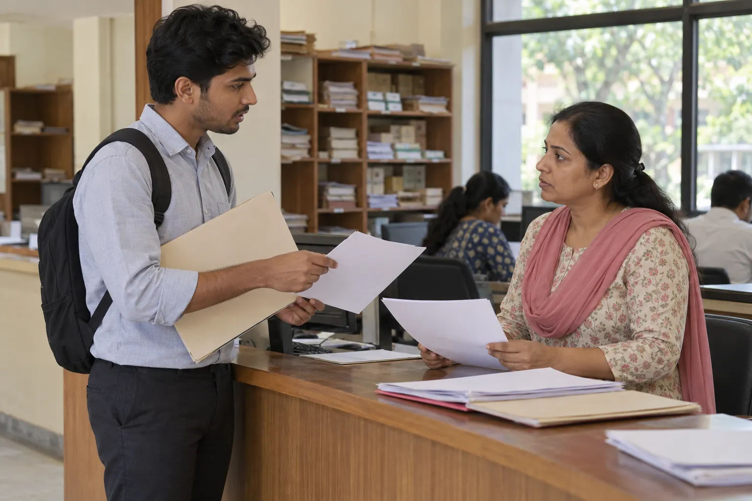 An adult Indian student with a backpack and folder discusses papers with a woman at a college office counter.