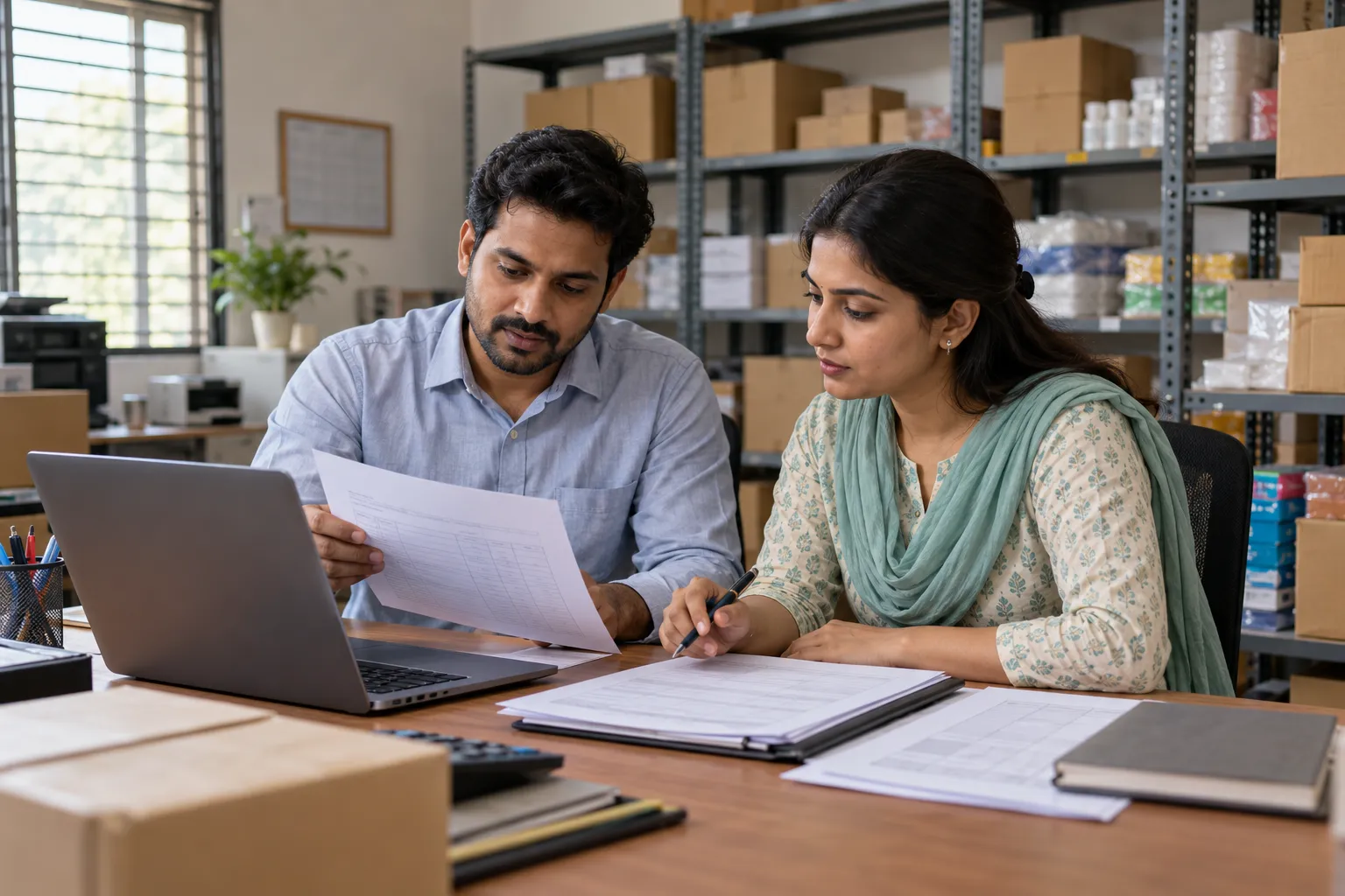 Two adults review paperwork beside a laptop at a desk, with shelves of cartons and supplies behind them.