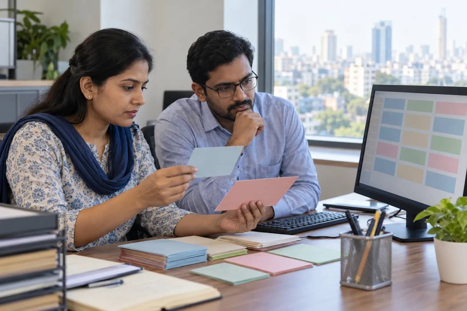 Two adults compare coloured index cards beside a monitor displaying coloured rectangular panels in an office.