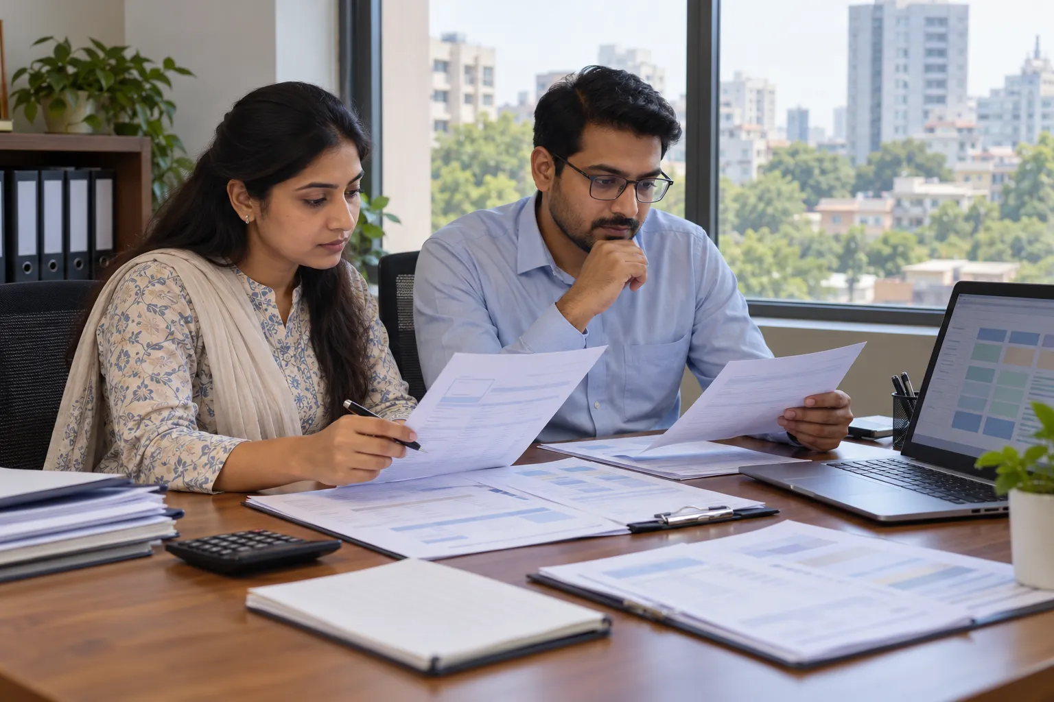 Two colleagues review papers beside a laptop in a sunlit office overlooking city buildings.