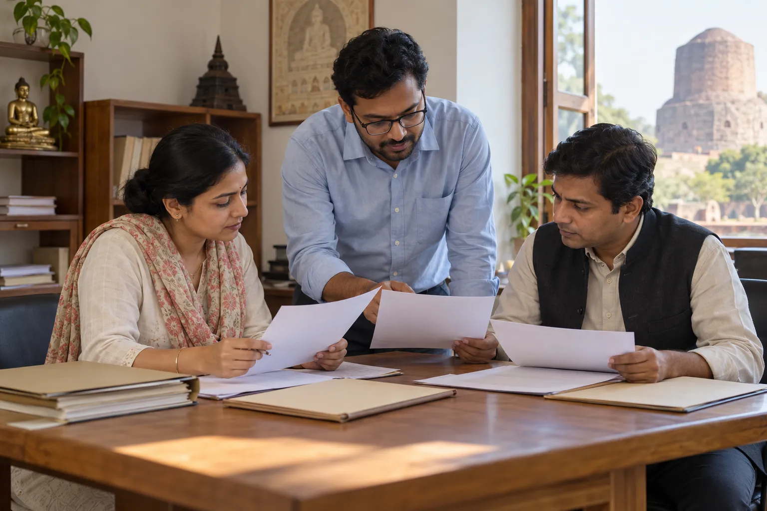 Three adults review papers at a wooden table in an office with Buddhist decor and a stupa visible through a window.