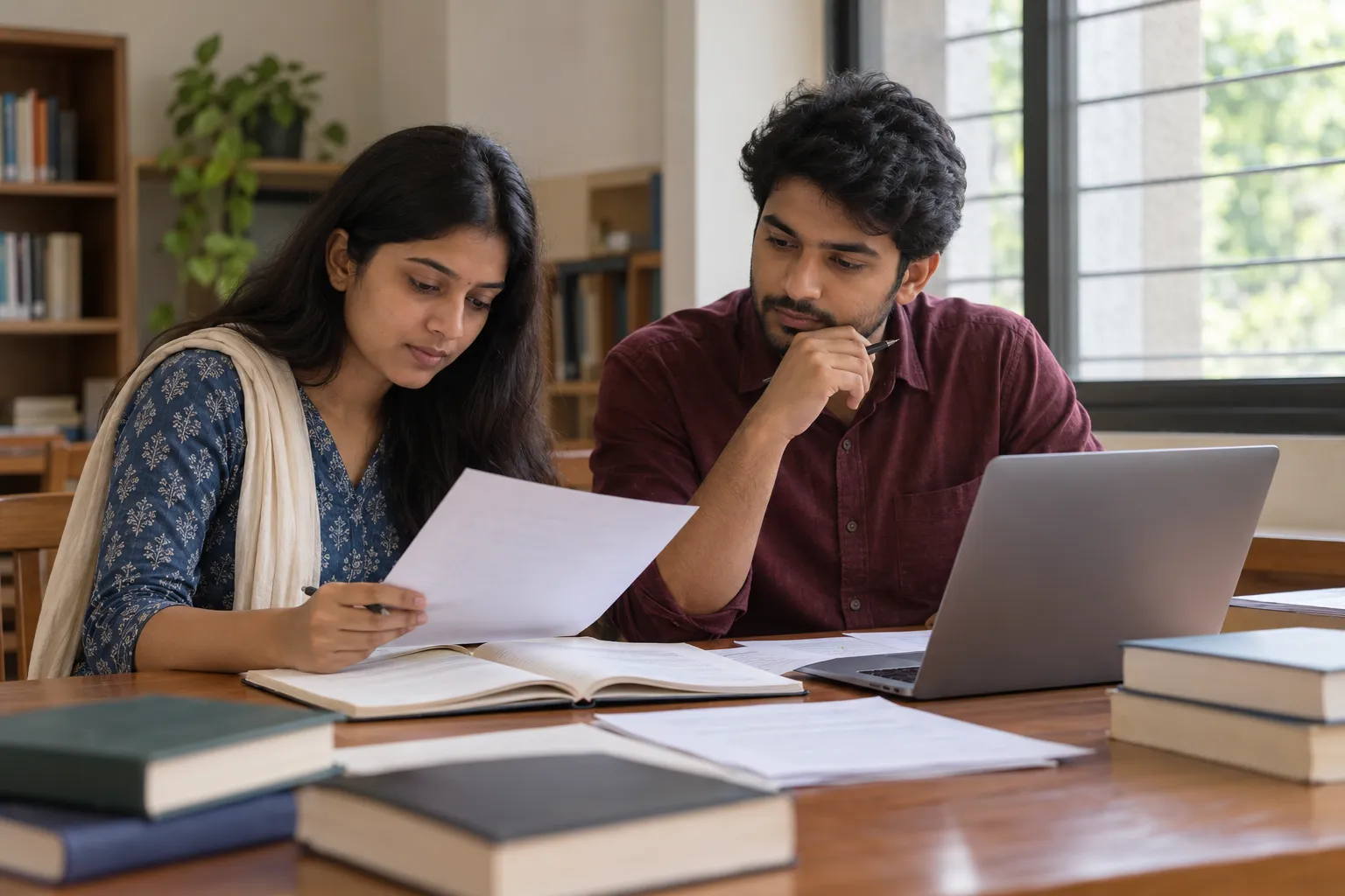 A woman and a man review papers beside an open laptop and books in a sunlit study room.