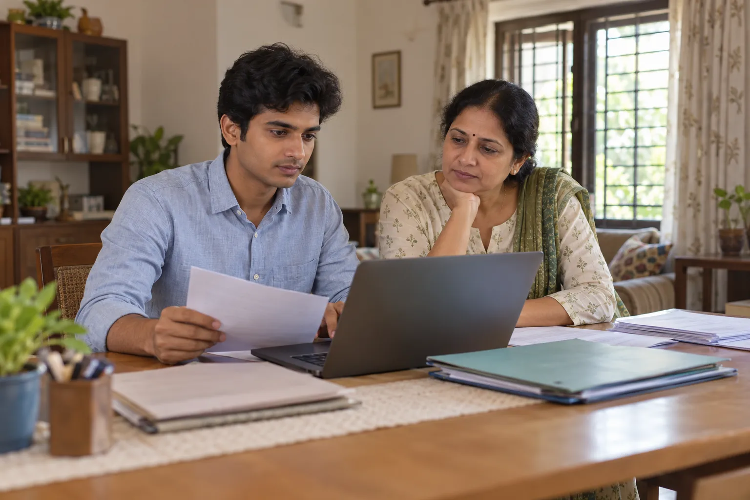 An adult man holds a paper beside an open laptop while an adult woman looks on at a desk in a sunlit home.