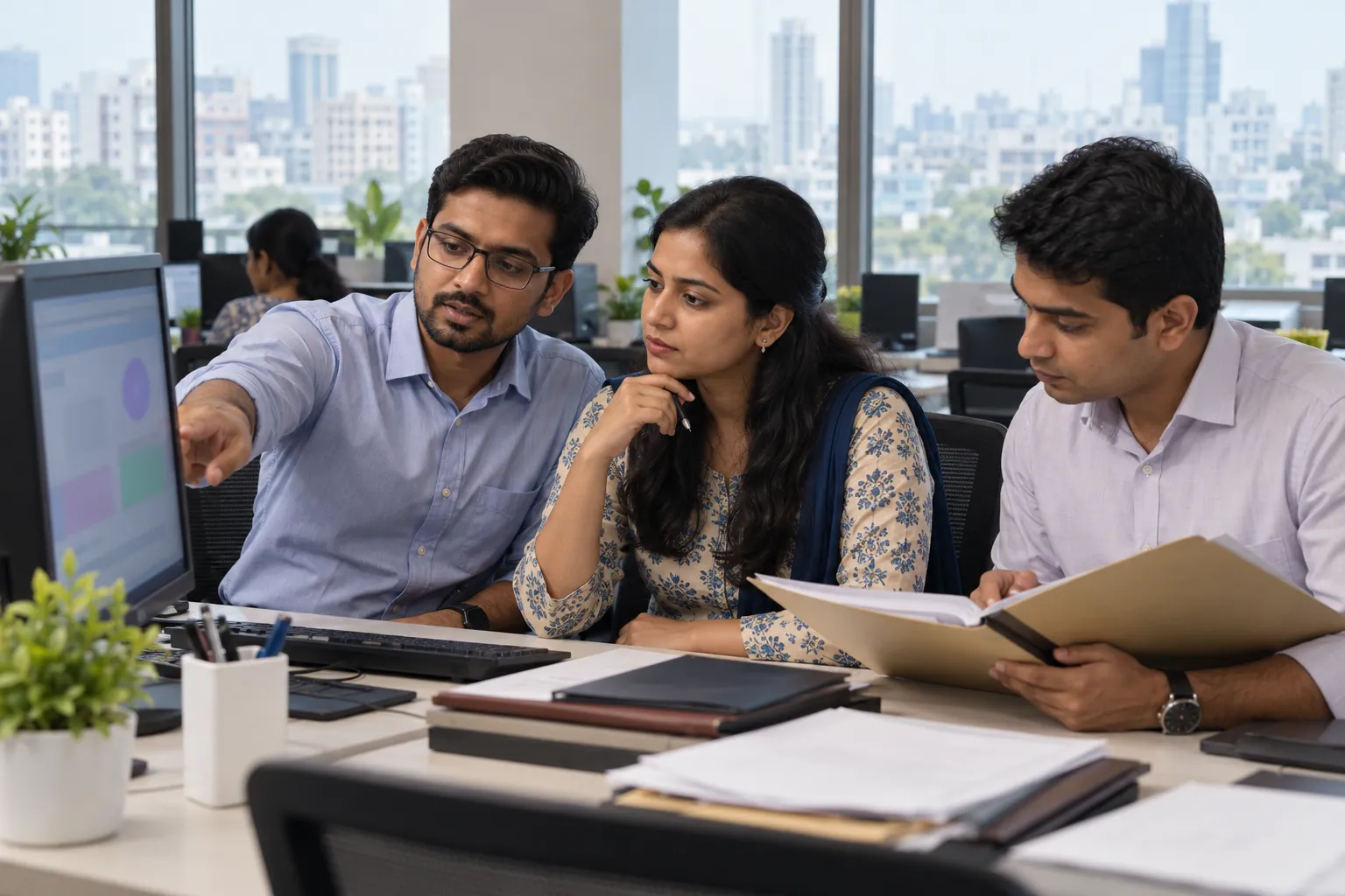 Three adults at an office desk review a computer monitor and an open folder, with city buildings visible through the windows.