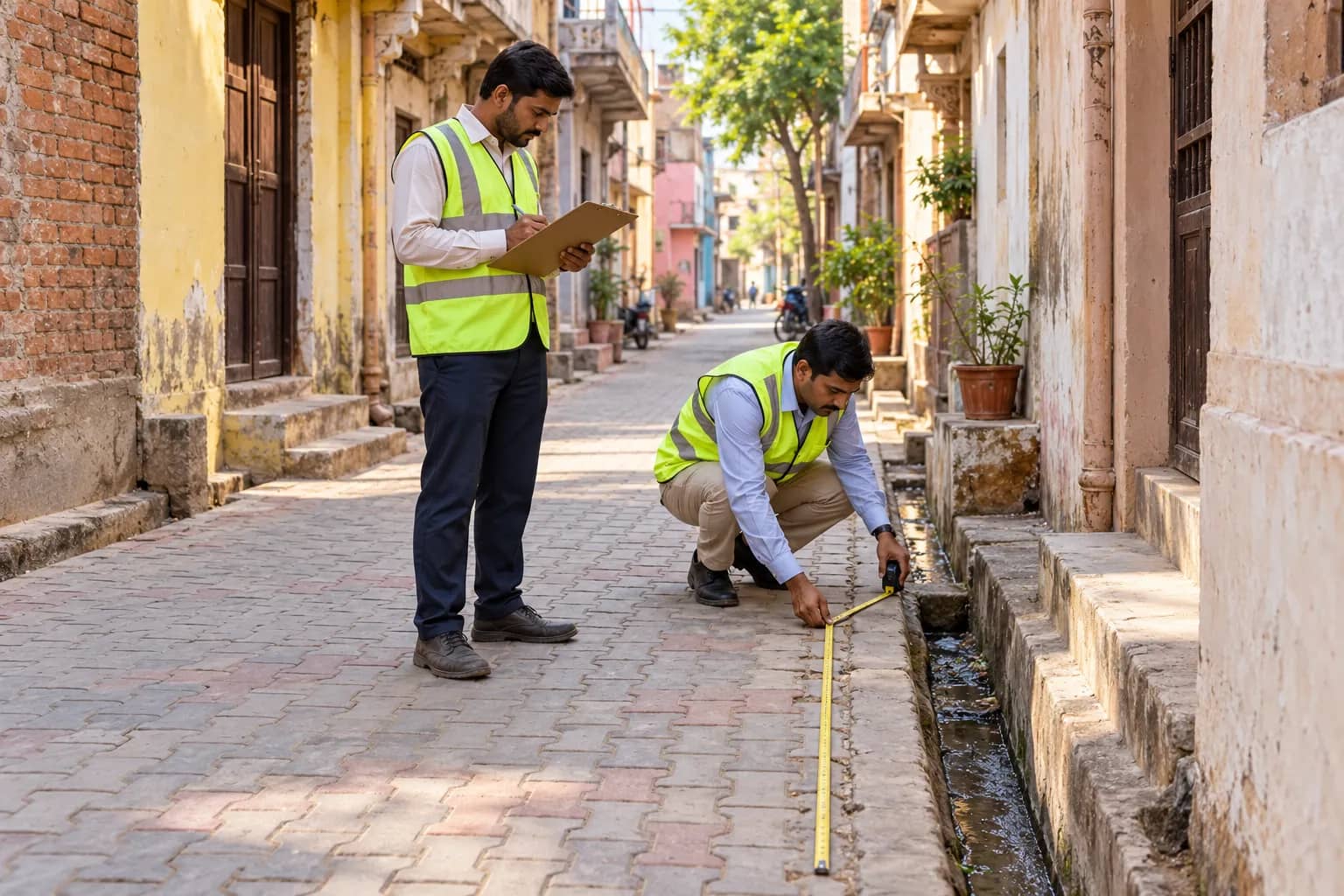 Two adult workers in reflective vests inspect interlocking paving beside an open drain in a narrow residential lane.