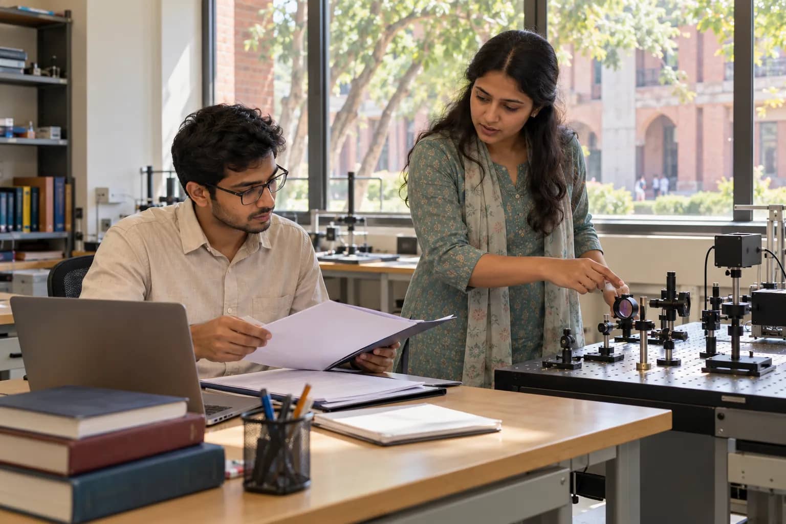 A man reviews papers beside a laptop while a woman points to optical equipment in a sunlit university laboratory.