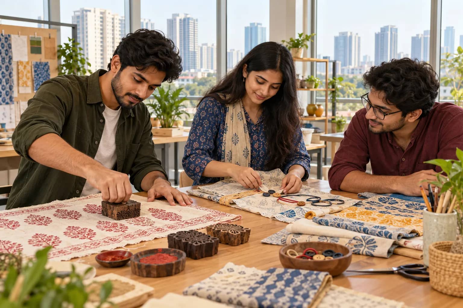 Three adults work around a table with wooden printing blocks, patterned fabric, buttons and elastic bands, with high-rise buildings visible through large windows.