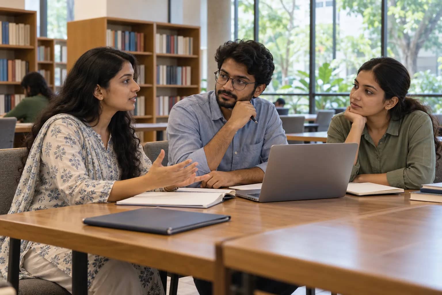 Two women and a man sit at a library table with open notebooks and a laptop, with bookshelves and large windows behind them.