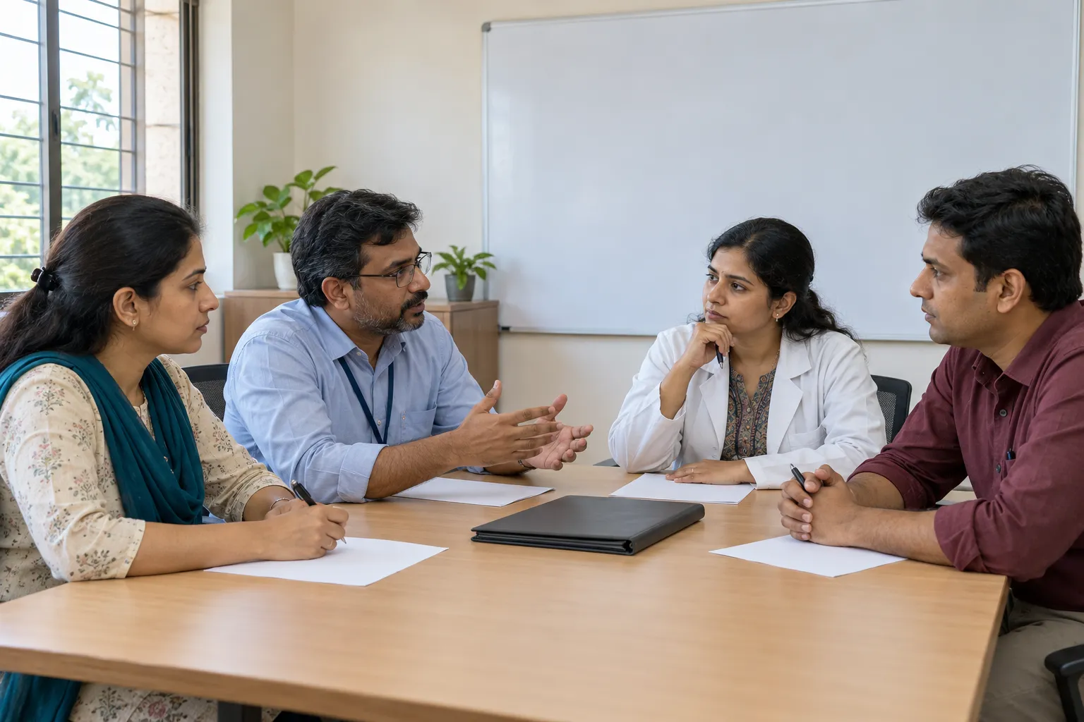 Four adults, including a woman in a white coat, sit around a table with blank papers and a black folder in front of a blank whiteboard.