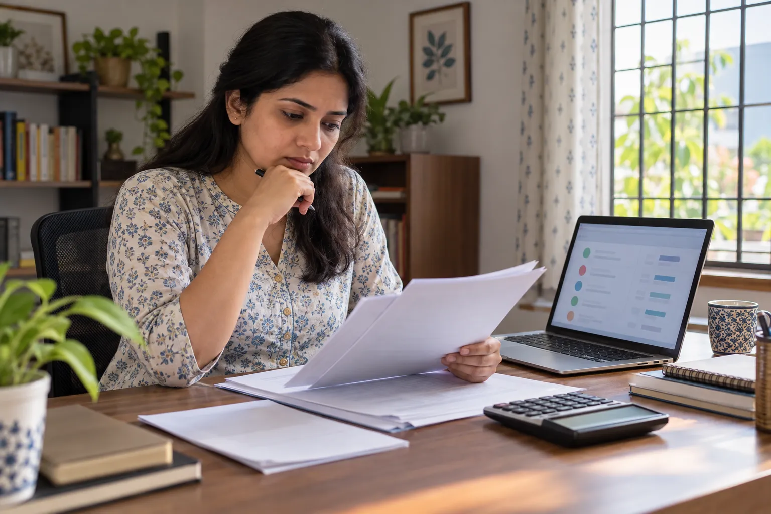 An adult woman examines papers beside a calculator and a laptop at a home-office desk.