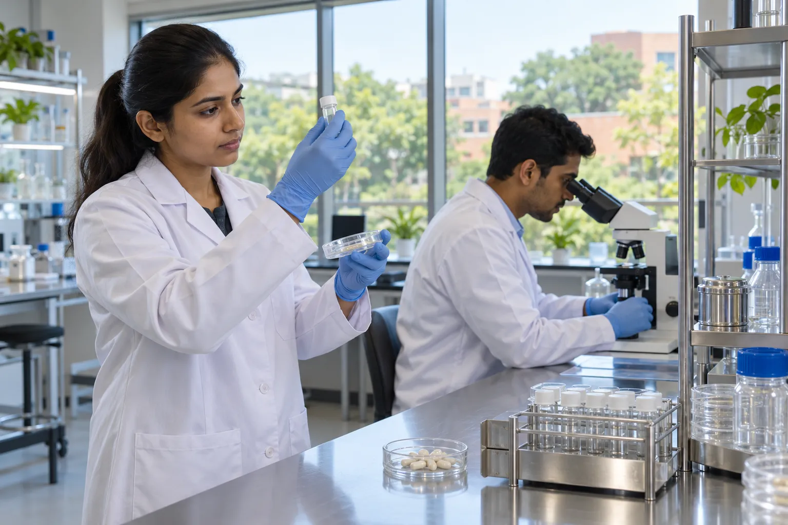 Two researchers in white coats and gloves examine a vial and use a microscope in a laboratory.