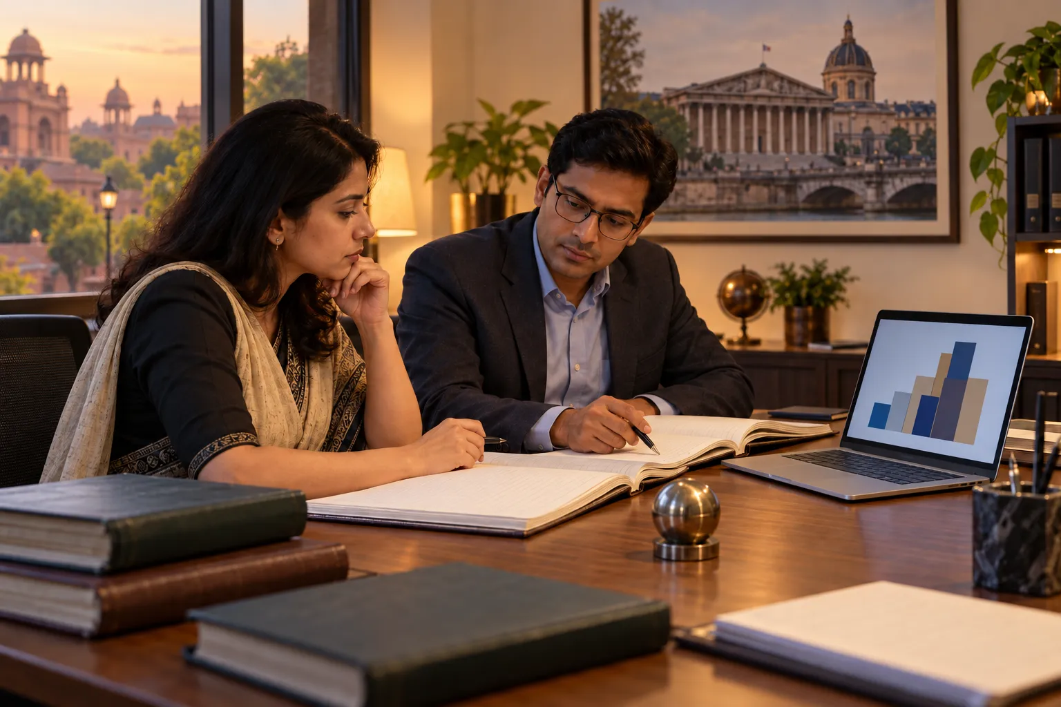 Two adults examine blank ledgers beside a laptop with an unlabeled bar chart, with Indian-style buildings visible through the office window.