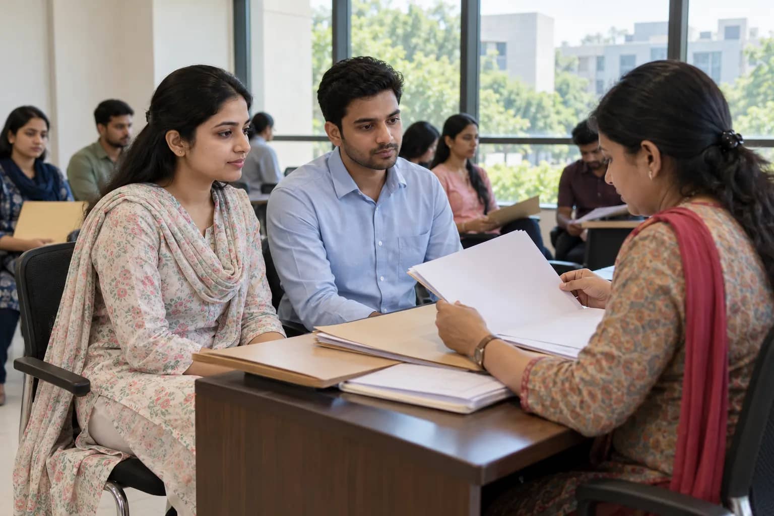 Two adults sit across a desk from a woman checking papers, with other adults waiting in the background.