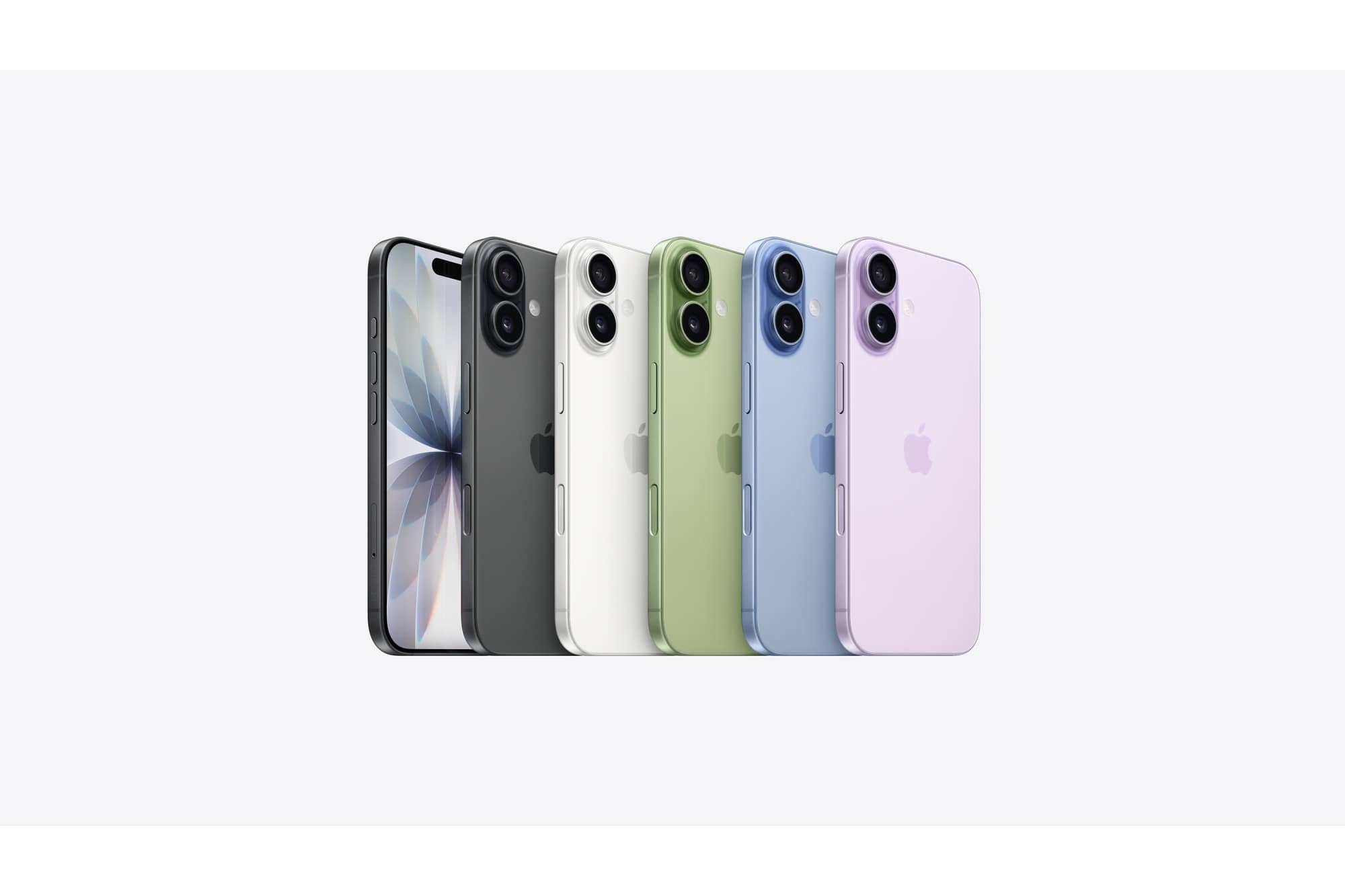Five Apple iPhone 17 phones in different colours, seen from the back