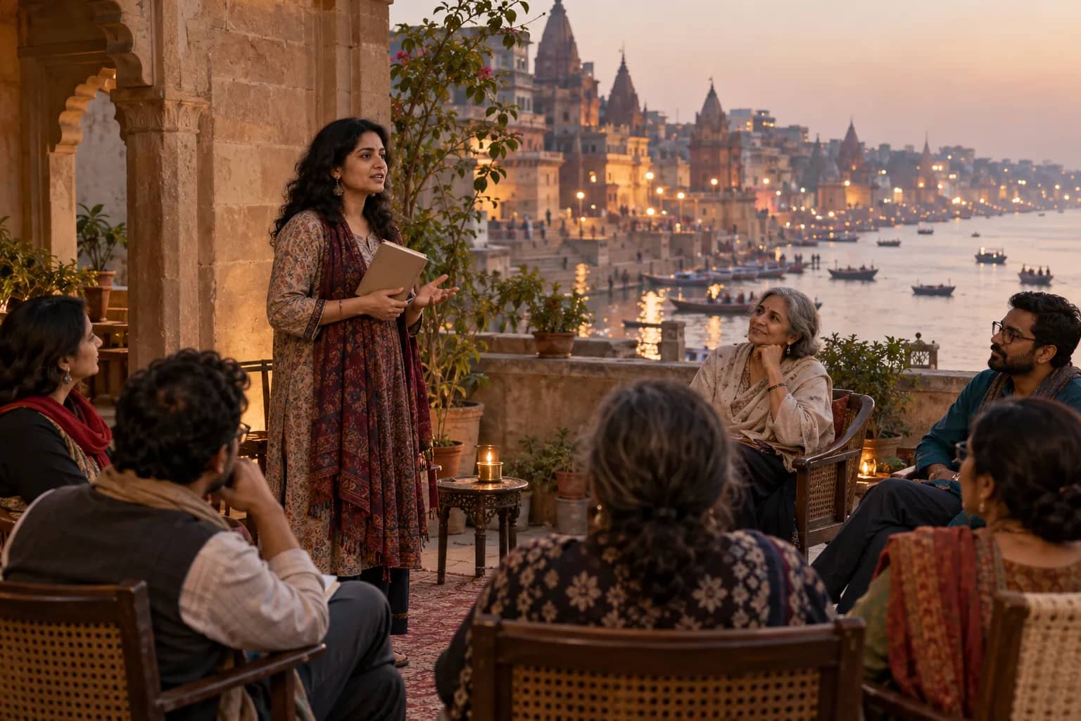 An adult woman holds a plain book while readers sit in a courtyard overlooking Varanasi ghats.