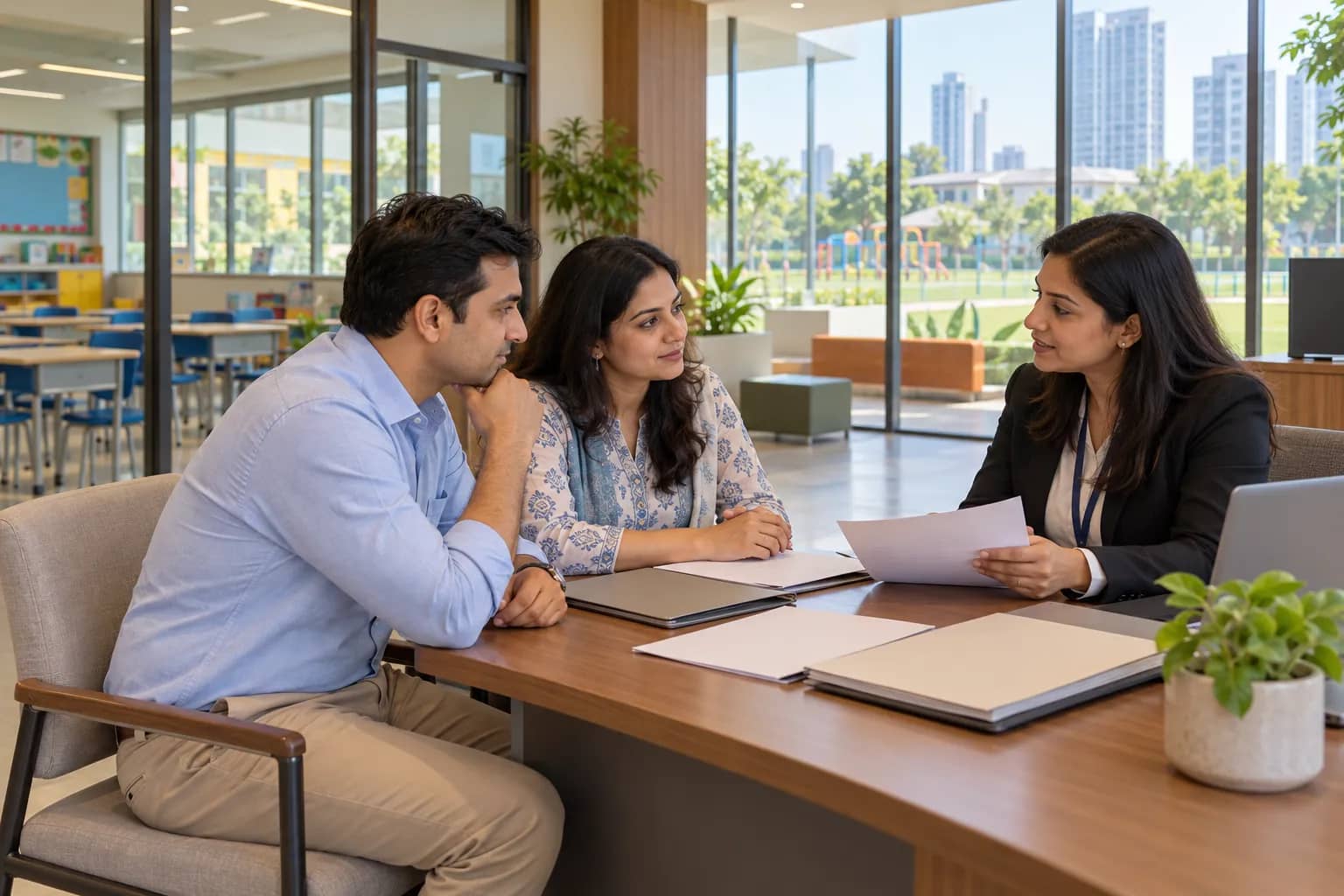 Two adults discuss papers with a staff member at a table in a modern school reception overlooking classrooms and grounds.