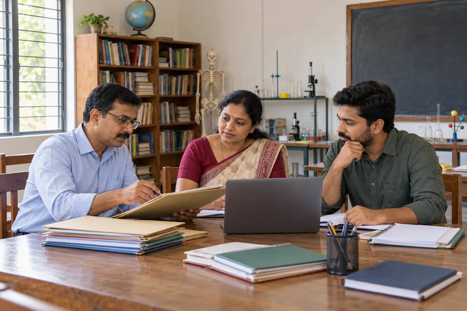 Three adult educators review folders beside a laptop in a classroom with bookshelves, a blackboard and science equipment.