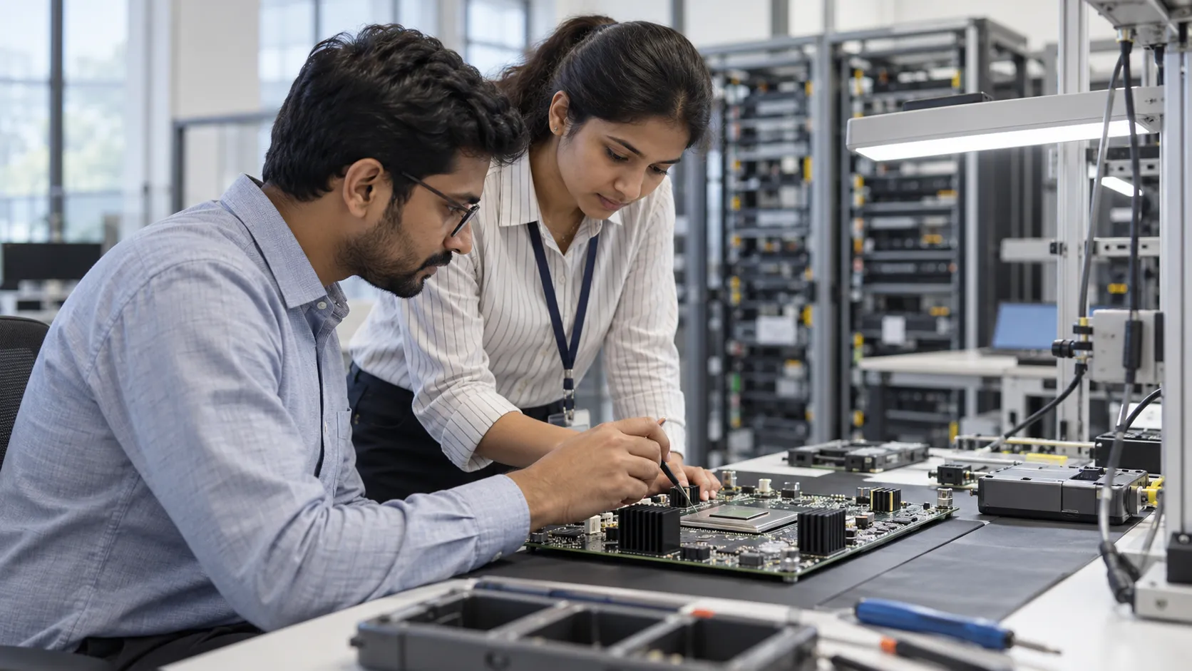 Two adult engineers inspect a circuit board on a laboratory workbench with server racks behind them.