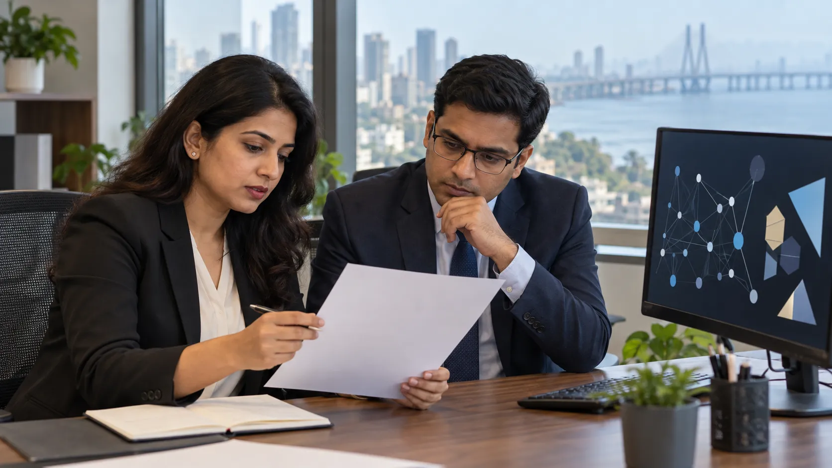 Two adults review a document beside a screen showing connected nodes, with a city skyline and bridge beyond the windows.