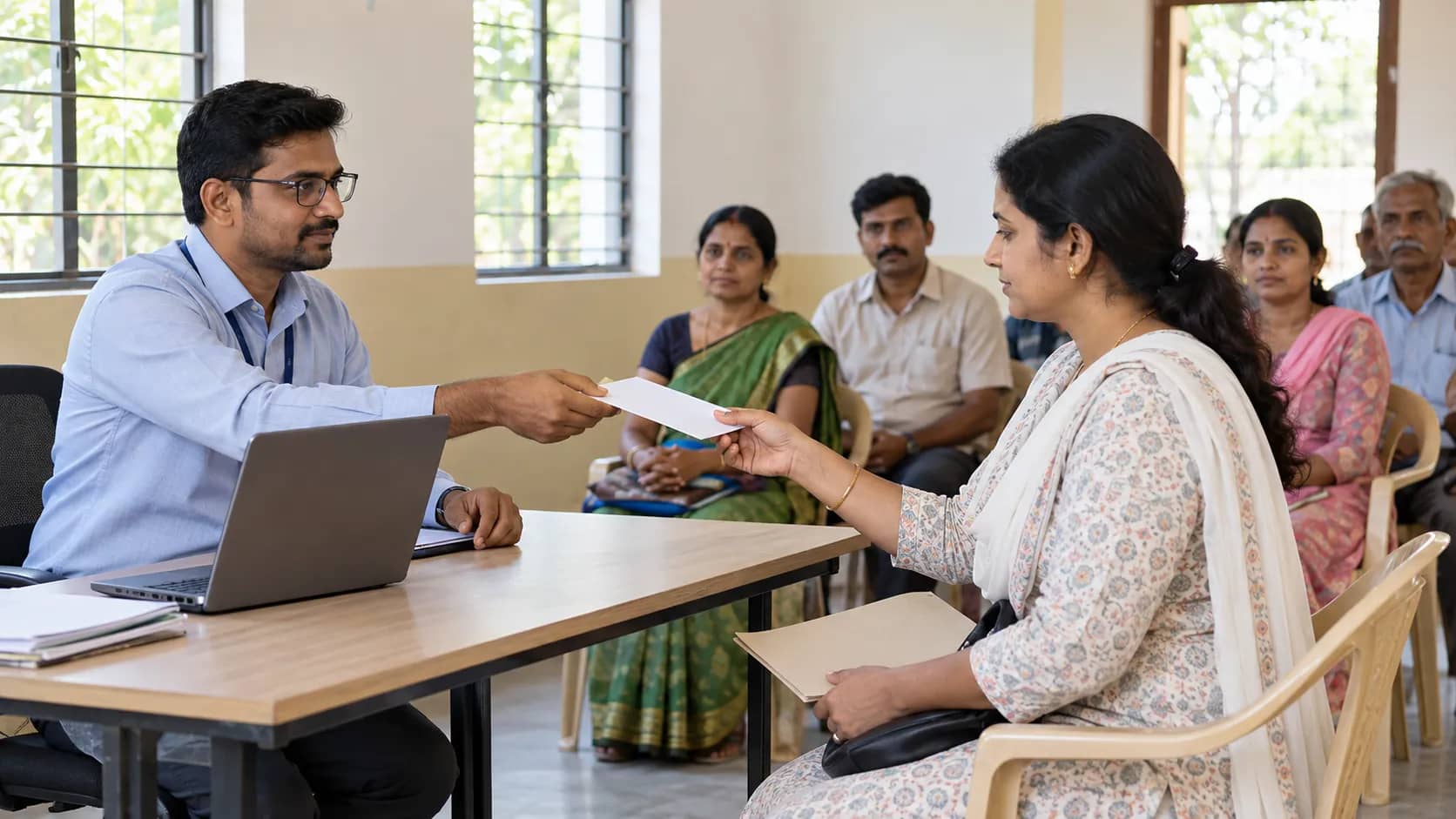एक हॉल में मेज पर बैठा कर्मचारी महिला को कागज दे रहा है, पीछे अन्य वयस्क अपनी बारी का इंतजार कर रहे हैं।