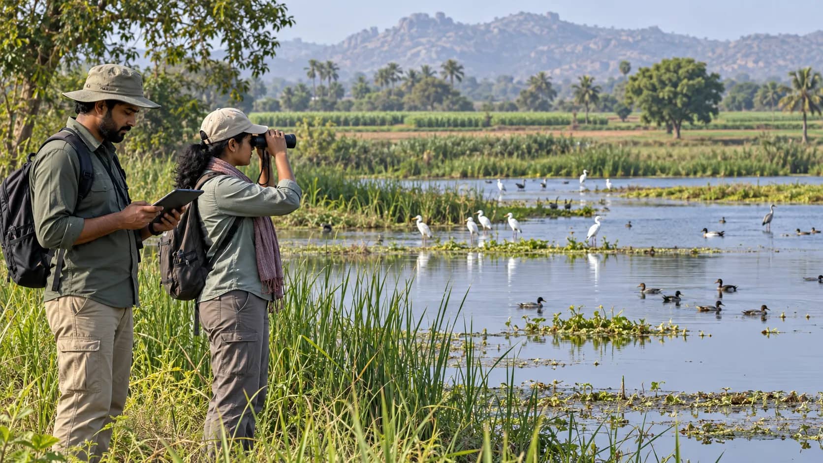 Two field researchers use a tablet and binoculars beside a wetland with birds, reeds and cultivated fields.