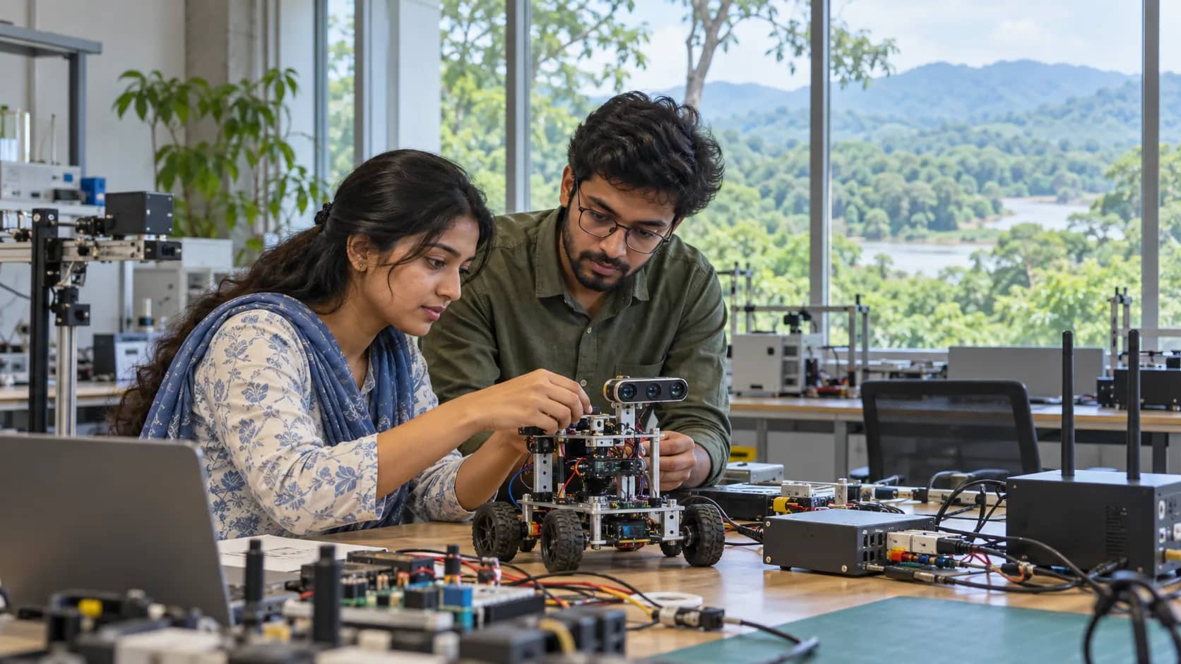 Two adults work on a small wheeled robot at a laboratory bench, with green trees visible through the windows.