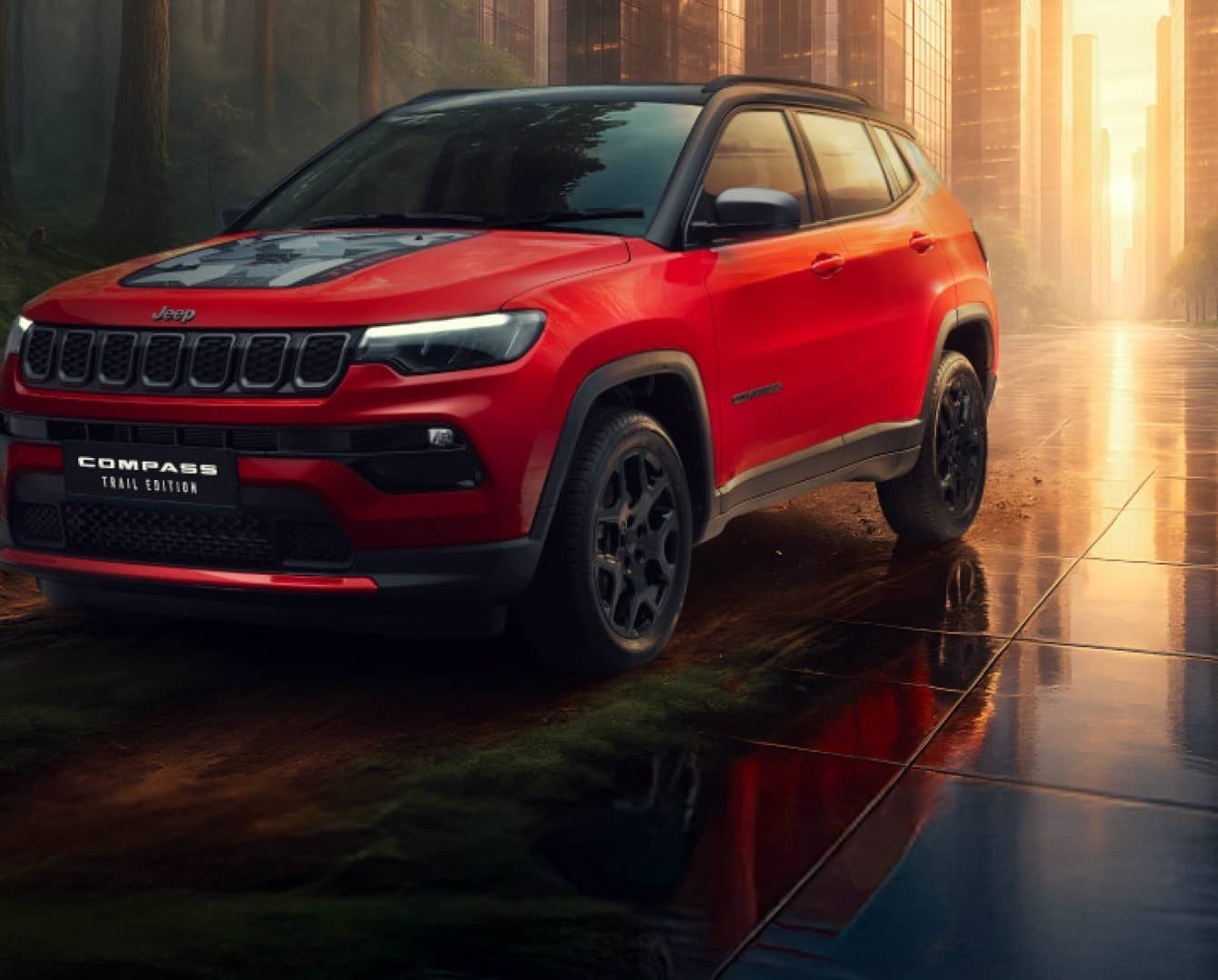 Red Jeep Compass Trail Edition on a wet city street