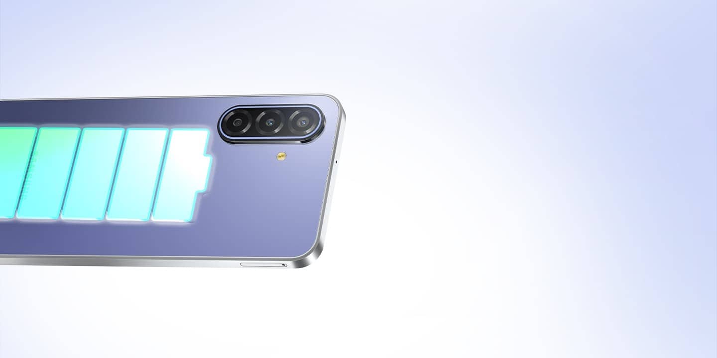 Samsung Galaxy F70 5G in violet seen from the back with its camera module