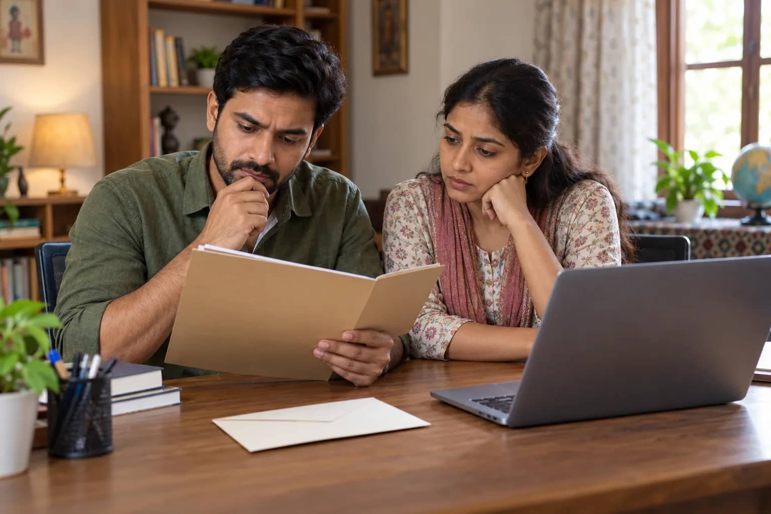 Two adults review a plain folder beside a laptop and sealed envelope in a home study.