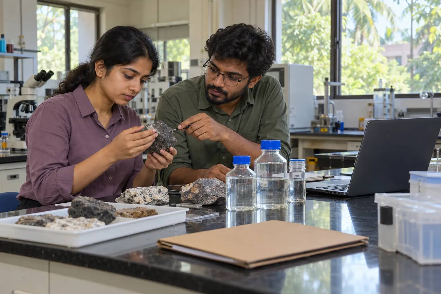 Two adult researchers examine a rock sample beside plain bottles, a laptop and a folder in a laboratory.