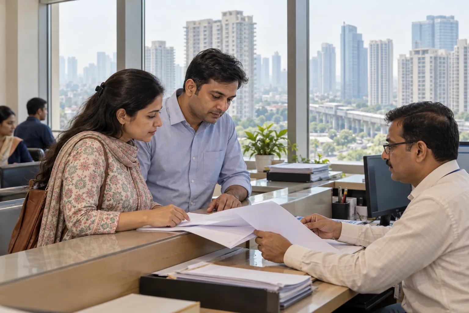 Two adults review plain papers with a clerk at an office counter, with apartment towers visible through the window.