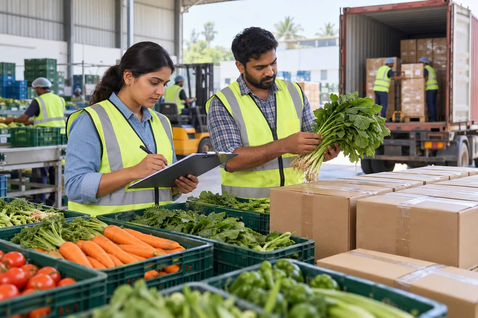 Two workers in safety vests inspect vegetables and a clipboard beside plain cartons at a loading bay.