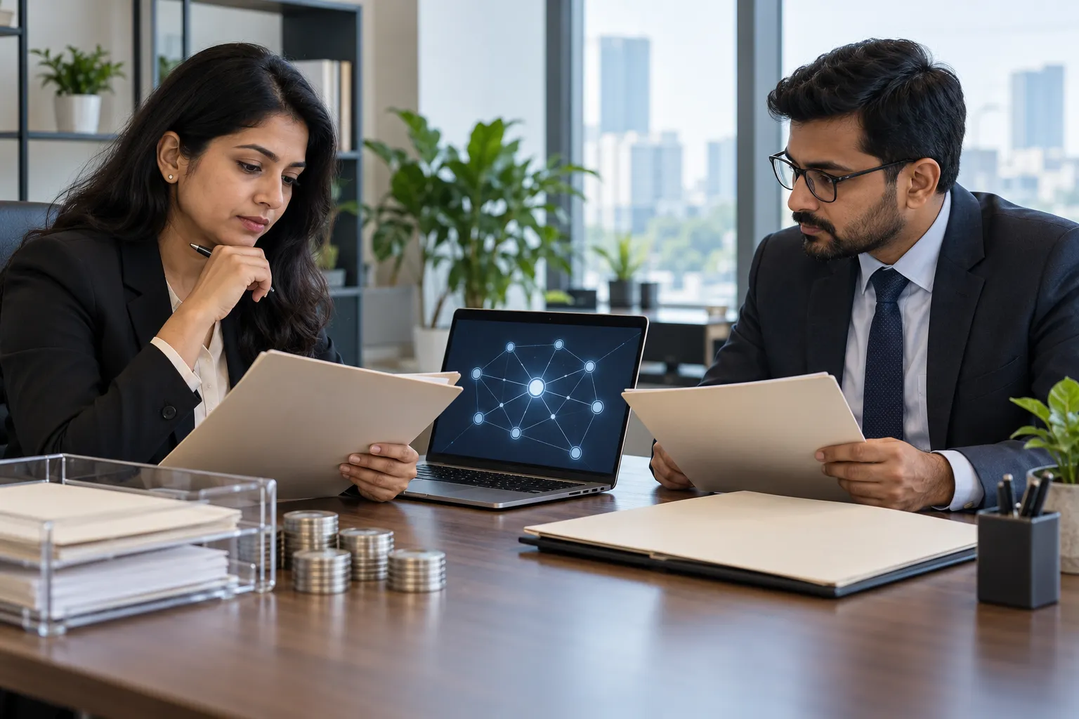 Two adult professionals review folders beside a laptop showing a network diagram and unmarked metal discs.