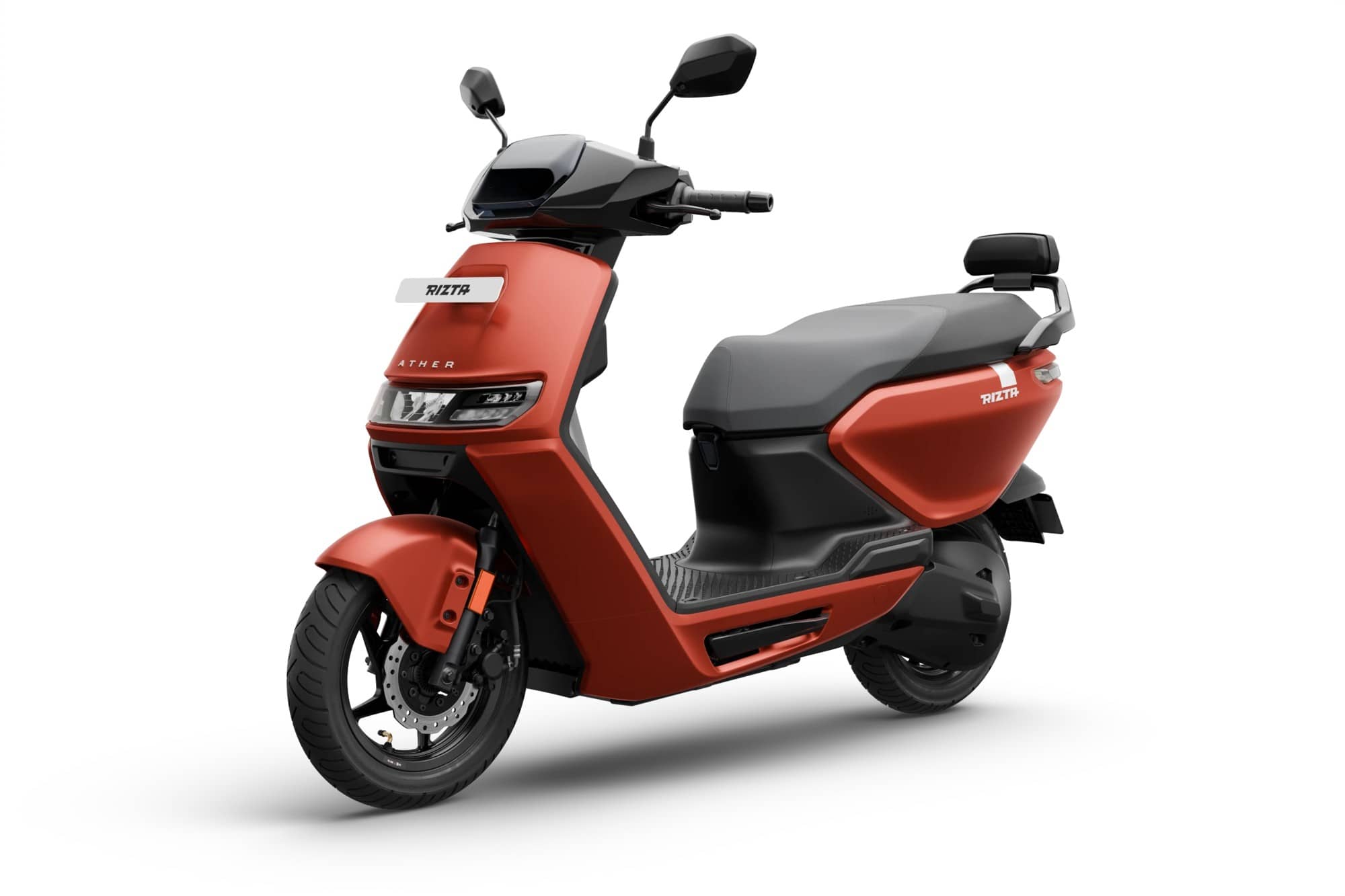 Ather Rizta electric scooter in a terracotta red finish on a black background