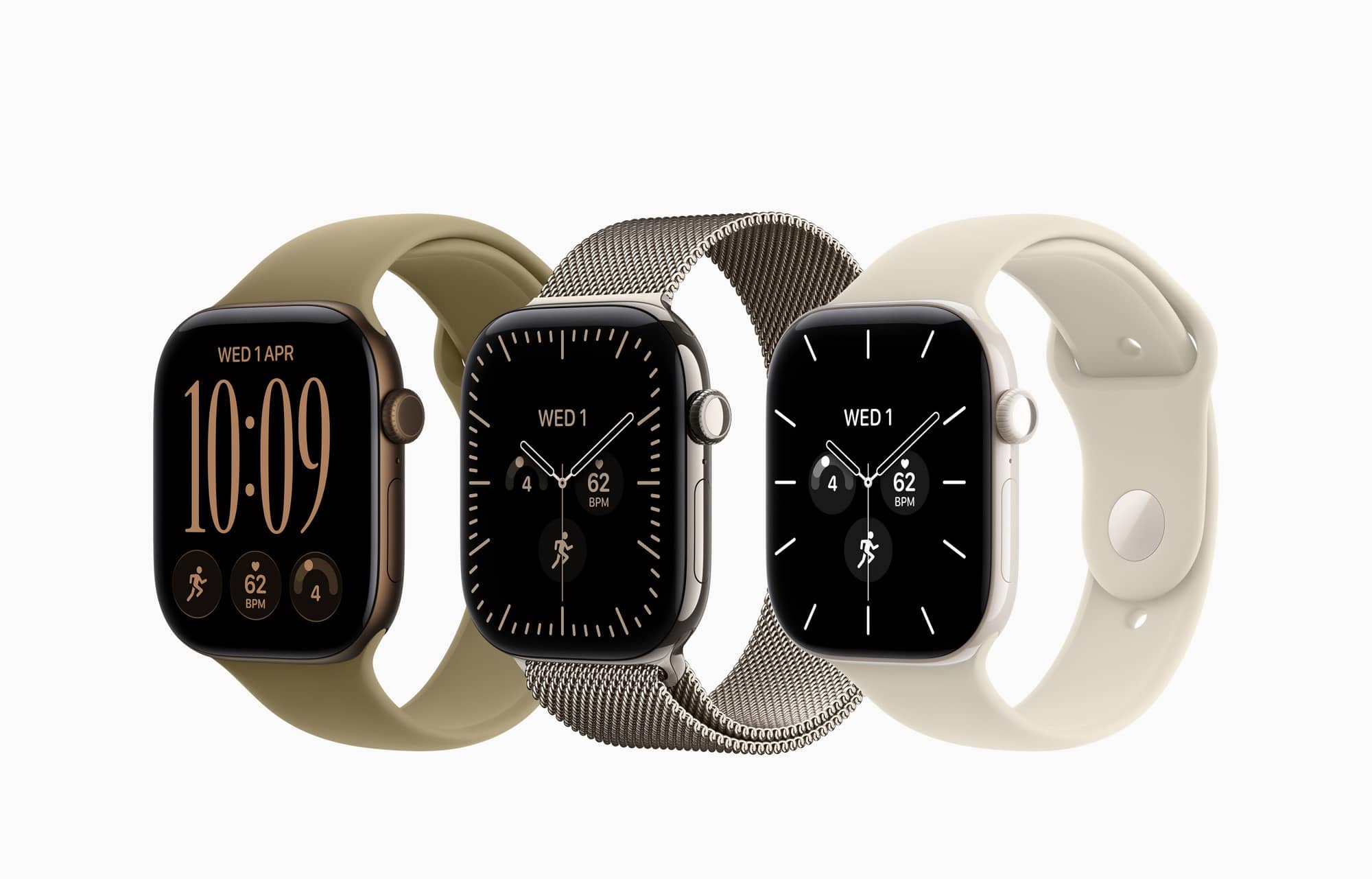 Three Apple Watch Series 12 models with gold, silver and light cases and matching straps
